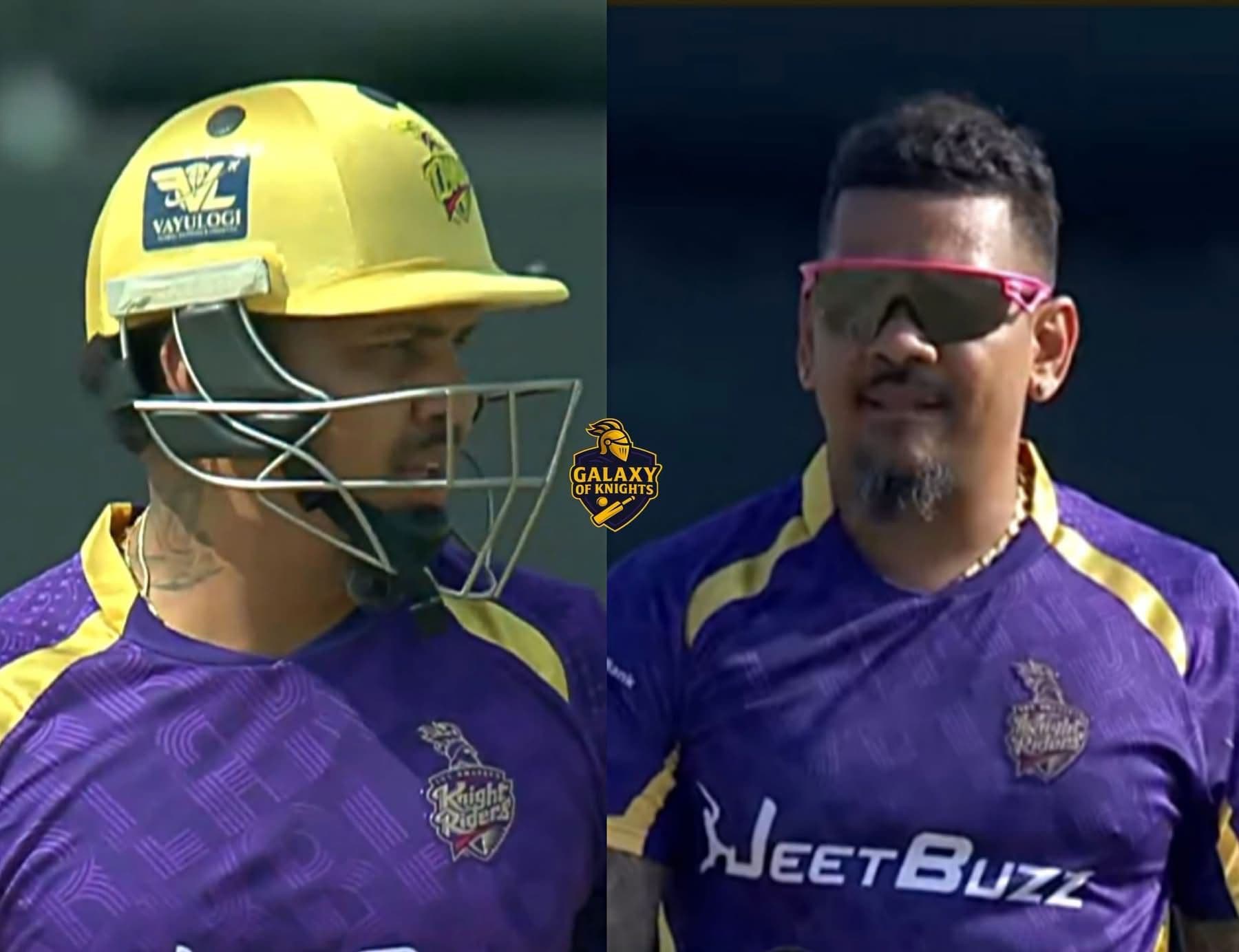 Sunil Narine wearing a Vayulogi-branded helmet